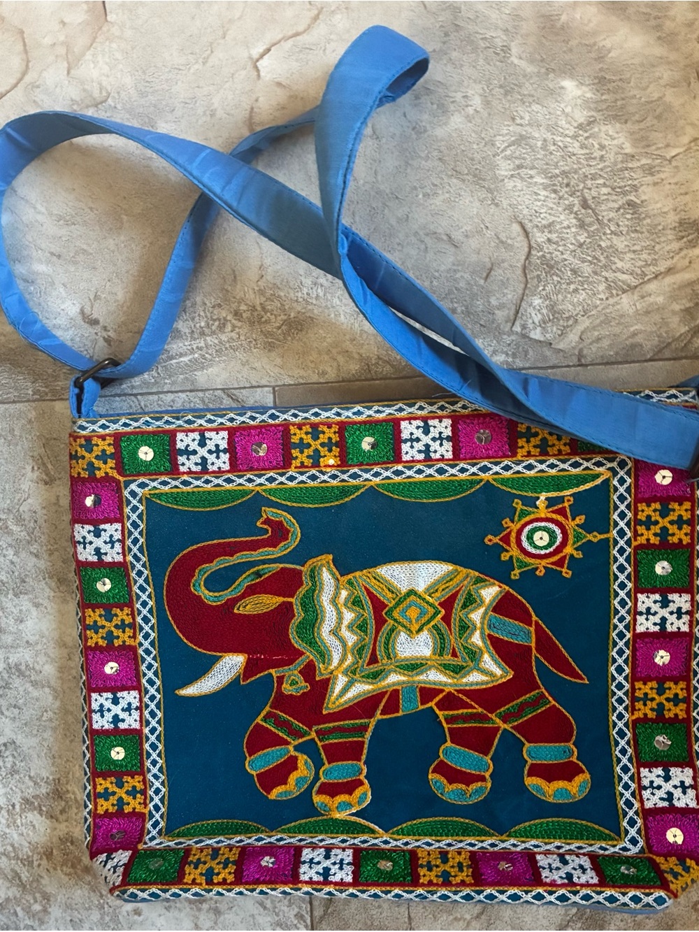 Embroidered Blue Elephant Crossbody Bag with Multicolor Accents